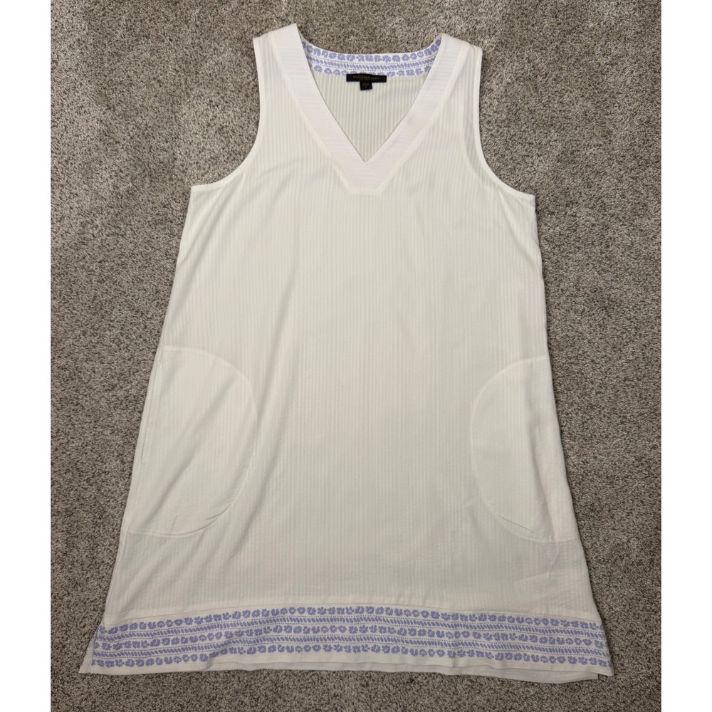 Donna Karan Sleepwear White Floral Border V-Neck Nightgown Sleeveless Pockets L